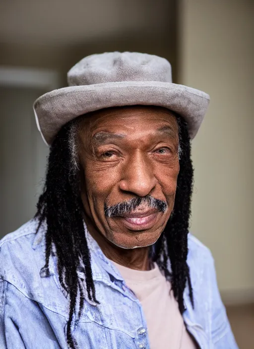 Image similar to DSLR photo portrait still of 74 year old age 74 Rick James at age 74!!!, 85mm f1.8