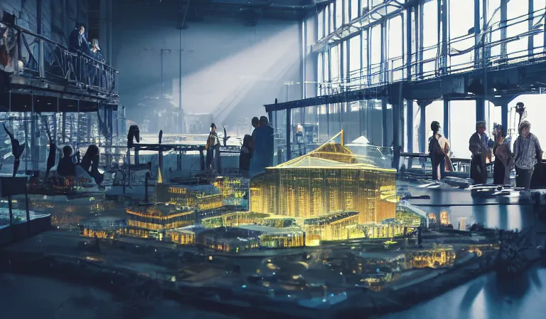 Image similar to group of people in simple warehouse, admiring hologram of futuristic city on a table, cinematic concept art, godrays, golden hour, natural sunlight, 4 k, clear details, tabletop model buildings, center model buildings, hologram center, crane shot, crane shot, crane shot