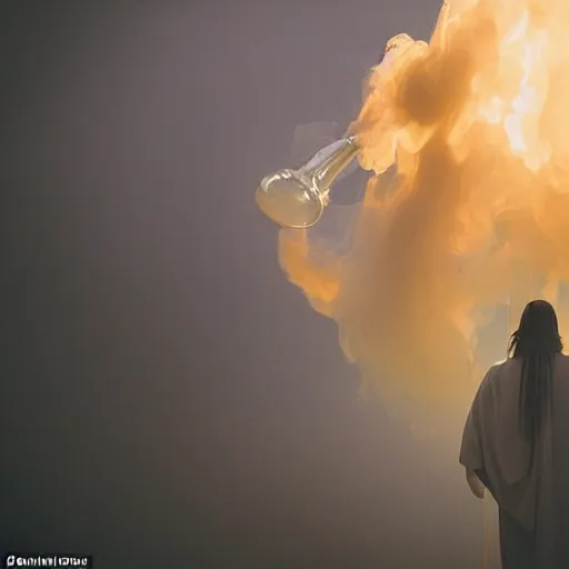 Image similar to jesus christ exhaling a huge smoke cloud from his holy bong, award winning candid photography