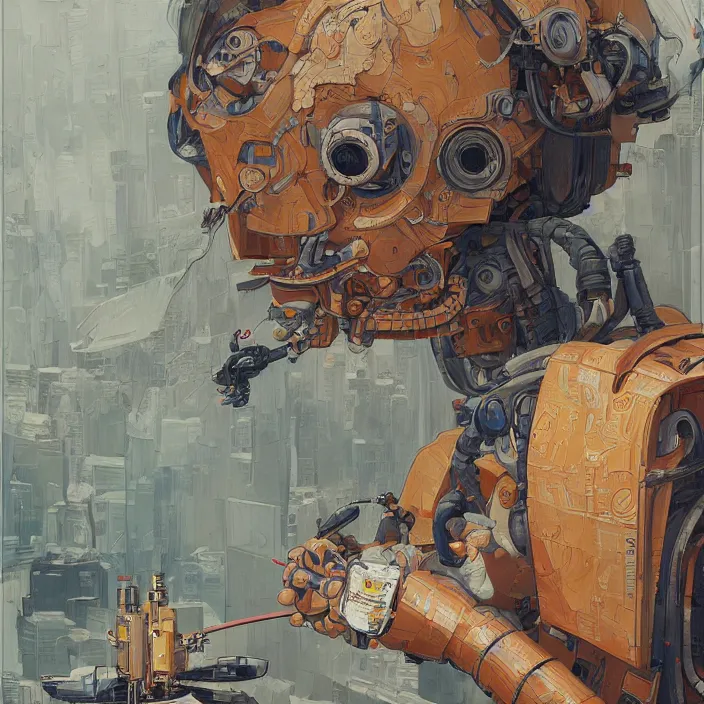 Image similar to robot artist painting a self - portrait on a canvas. intricate, highly detailed, digital matte painting, in the style of alexandros pyromallis, and in the style of sachin teng, and in the style of hans thoma, and in the style of masamune shirow. irony, recursion, inspiration.