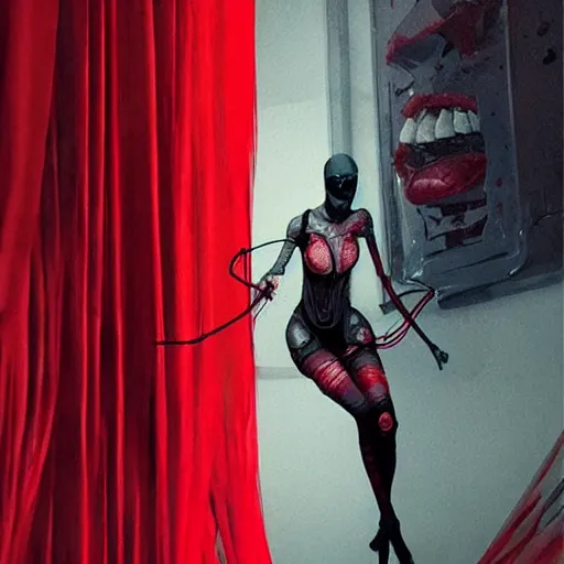 Prompt: pelham puppet surrounded by red curtains by Conrad Roset and Nicola Samuri, medium shot, rule of thirds, seductive look, beautiful, intricate, dystopian, sci-fi, extremely detailed, digital painting, artstation, concept art, smooth, sharp focus, intimidating lighting, incredible art, details visible, very dark ambiance