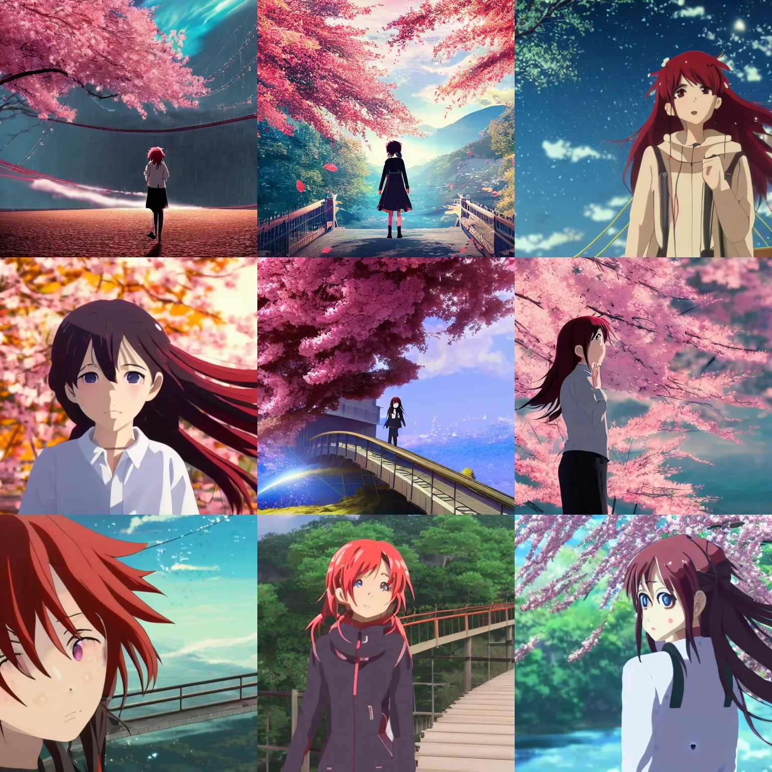 Prompt: still from the anime kimi no na wa of a beautiful girl standing at a bridge with long red hair blowing in the wind and sakura leaves flying through the air, detailed, 4 k,