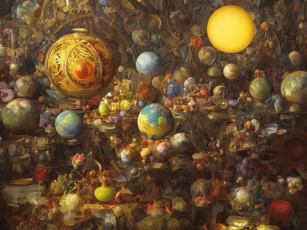 Image similar to 3 d render, sunlight study, the universe is a spheroid region 7 0 5 meters in diameter, art nouveau, by jan davidz de heem and ( ( ( ( ( lisa frank ) ) ) ) ), 8 k, sharp focus, octane render