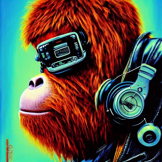 Image similar to a portrait of an anthropomorphic cyberpunk orangutan in a motorcycle helmet by sandra chevrier, detailed render, tape deck, boombox, headphones, epic composition, cybernetics, 4 k realistic, cryengine, realistic shaded lighting, sharp focus, masterpiece, by matteo scalera, gary montalbano, peter elson in the style of the tokyo ghost comic