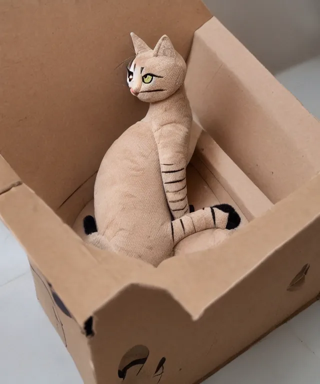 Image similar to a cat plushie in a cardboard box