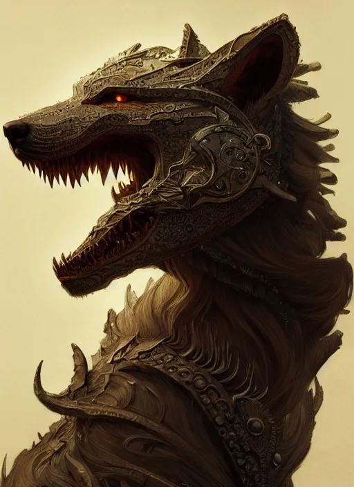 Prompt: anthropomorphic dire wolf bringer, intricate, elegant, highly detailed animal monster, digital painting, artstation, concept art, smooth, sharp focus, illustration, art by artgerm and greg rutkowski and alphonse mucha, 8 k