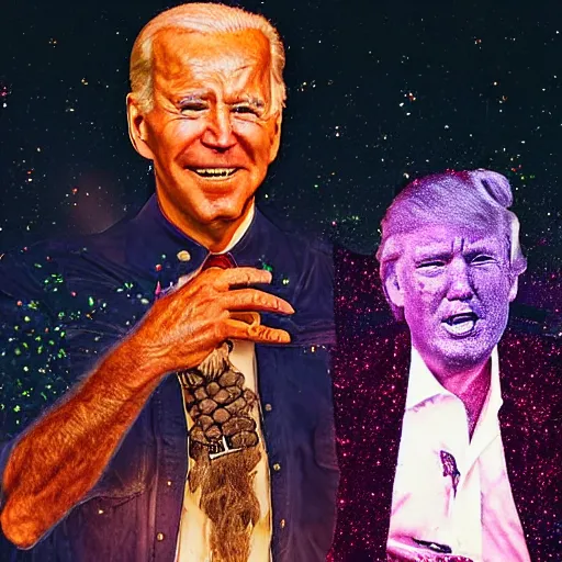 Prompt: a highly very very detailed photo of Joe Biden with ((plasma eyes)) attending Burning Man on the Playa with an Anarcho-primitivist Donald Trump survivalist covered in body glitter, very very detailed, photorealism, Photoshop, very coherent, HD