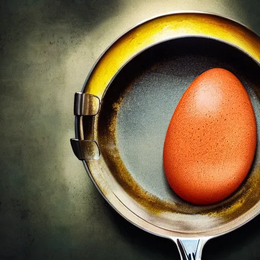 Image similar to a frying pan cooking a dinosaur egg. food magazine photograph.