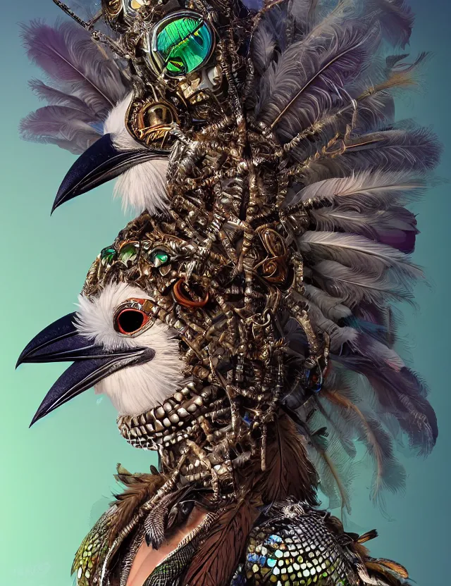 Prompt: 3 d goddess wide angle portrait with feathers, fur, and bones. beautiful intricately detailed kookaburra mask and retrowave sorceress outfit. lizard scales, reflective chitin, optical mineralogy, songlines, plasma, creature, artwork by tooth wu and android jones wlop and android jones and beeple and greg rutkowski