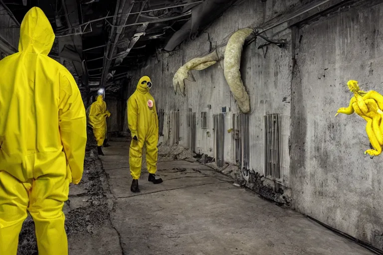 Prompt: a lone. man in a yellow hazmat suit looks on helplessly as a huge alien meat monster grows out of control in a creepy underground science lab