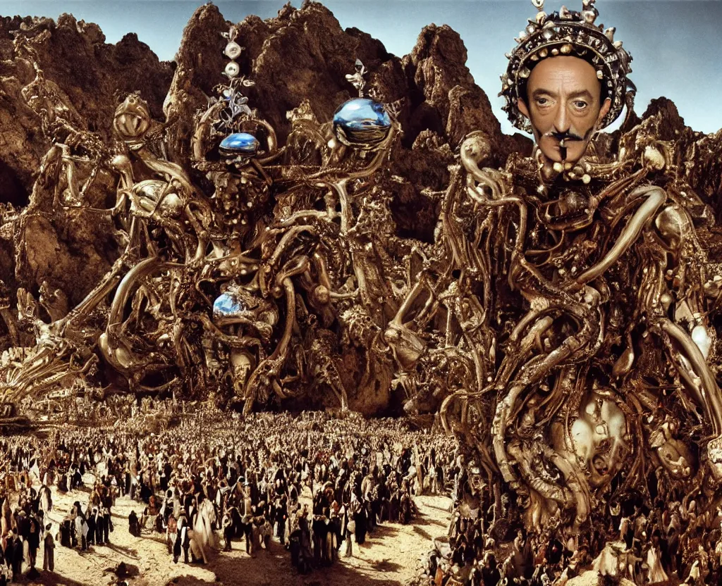 Prompt: salvador dali wearing a crown and costume with jewels in front of a huge crowd in a dry rocky desert landscape, alien construction by giger, film still from the movie by alejandro jodorowsky with cinematogrophy of christopher doyle and art direction by hans giger, anamorphic lens, kodakchrome, very detailed photo, 8 k