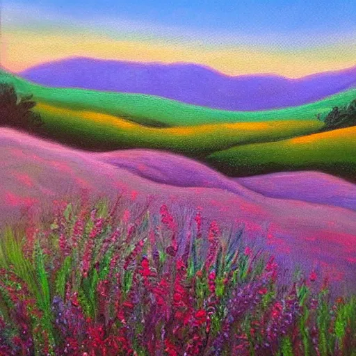 Image similar to This painting is a unique pastel and oil on canvas. It features a beautiful landscape with rolling hills and fields of wildflowers. The colors are soft and soothing, making it the perfect piece to relax and unwind with.