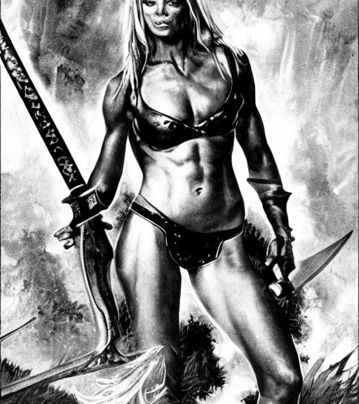 Prompt: 1 9 8 0 s fantasy novel book cover, amazonian jaime pressly in extremely tight bikini armor wielding a cartoonishly large sword, exaggerated body features, dark and smoky background, low quality print