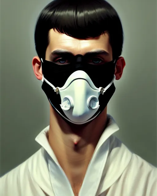 Prompt: a ultradetailed beautiful panting of a european young man wearing black medical mask, by ilya kuvshinov, greg rutkowski and makoto shinkai, trending on artstation