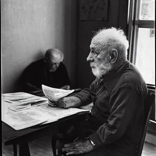Prompt: serious old man sitting at the table and reading newspapers, portrait, black and white, photograph, ultra realistic, grainy, highly detailed, Diane Arbus