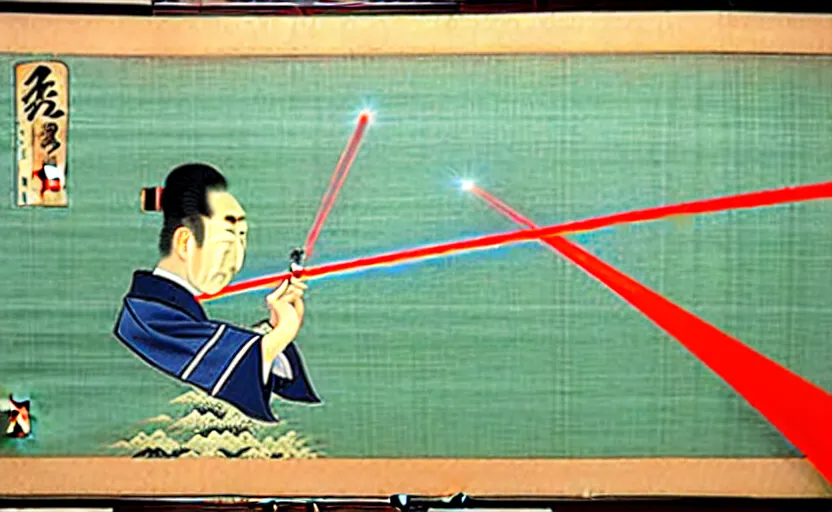 Image similar to a Japanese painting of the emperor of Japan shooting a laser gun