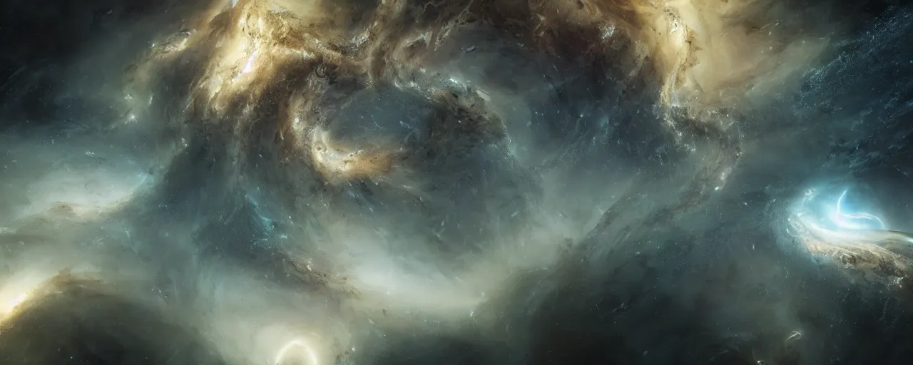 Image similar to a highly detailed dark epic swirling galaxy, space scene, dark scifi, unreal engine, octane render, detailed and intricate, global illumination, volumetric lighting, hubble telescope images, james webb telescope images, houdini fluid simulation