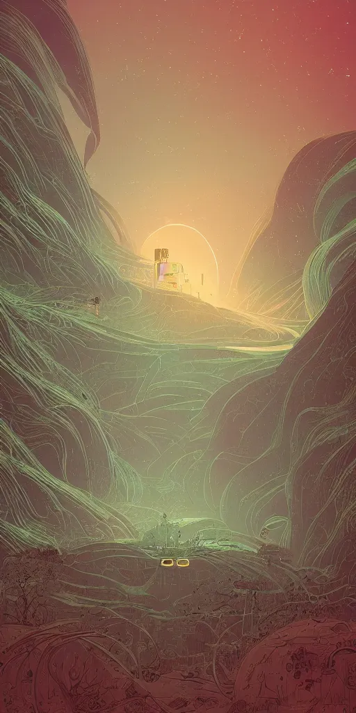 Image similar to kilian eng illustration of a white bioremediation architecute in the desert filled with stars at night, hazy and misty, magical feeling, uhd, high detail, by kilian eng