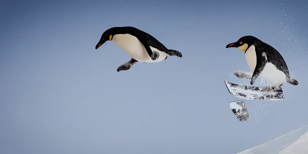 Image similar to ultrawide angle, high speed sporting photography of a penguin on a snowboard in the halfpipe winning the olympic medal, extremely detailed, 8 l