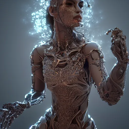 Image similar to full body detailed, ethereal, biomechanical, covered in diamonds and other gems glowing, highly detailed face, elegant posed, intricate, extremy detailed, beeple, cgsociety, 3 d unreal engine octane render. cinematic lighting, highly detailed 4 k art