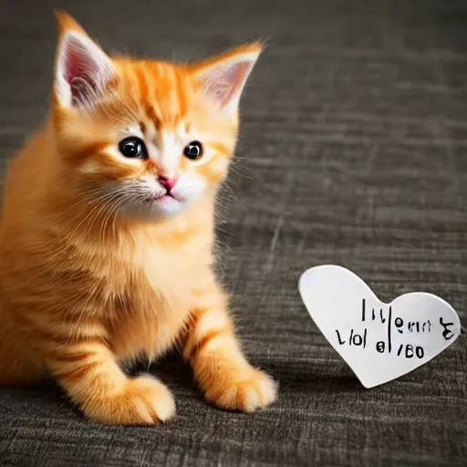 Image similar to cute fluffy orange tabby kitten with a sign that says