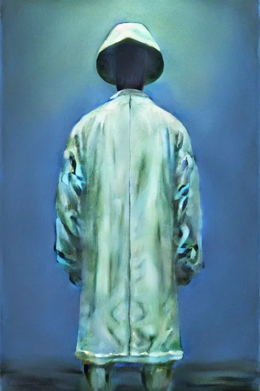 Prompt: portrait of lab coat without a person wearing it, by zdzislaw beksinski, by dariusz zawadzki, artbook, tone mapped, deep blues, shiny, soft lighting