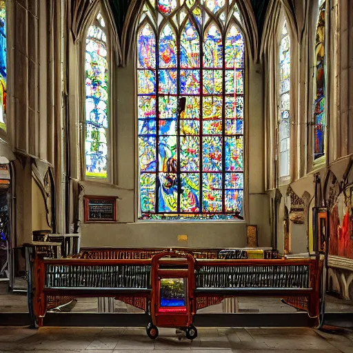 Prompt: a monorail falling off the tracks and crashing through a large stained glass window of a church, by kim jung gi, paul heaston, extremely wide angle shot, trending on art station, 4 k, vibrant lighting