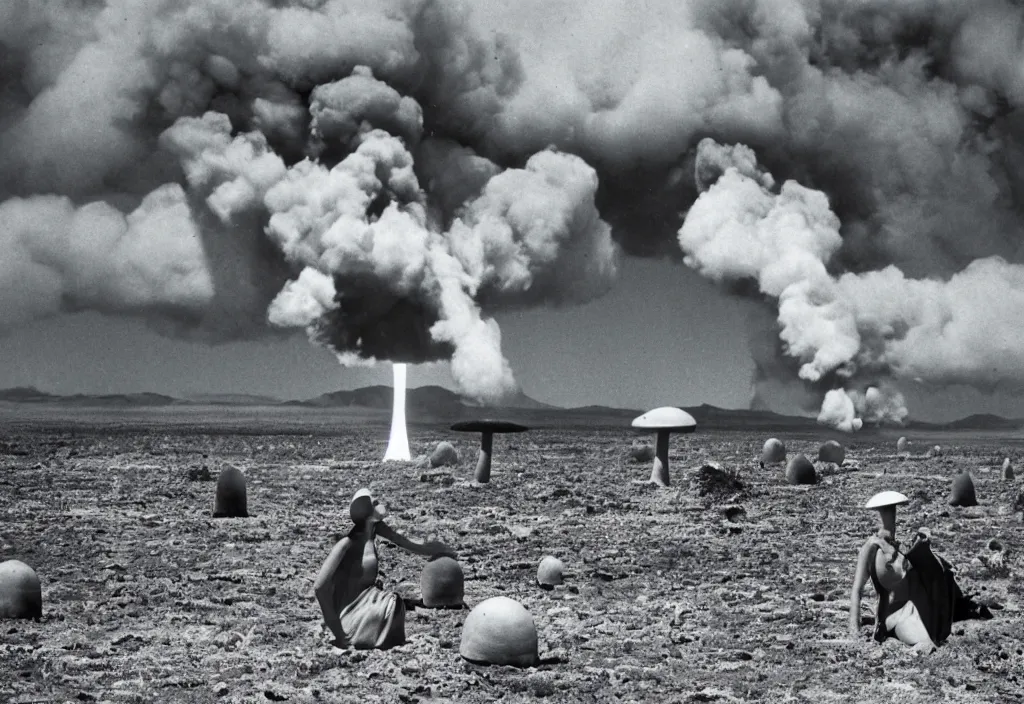 Prompt: fashion editorial in Nevada nuclear test site. gigantic mushroom cloud explision. 1956. highly detailed. depth of field. high definition. 8k. photography.