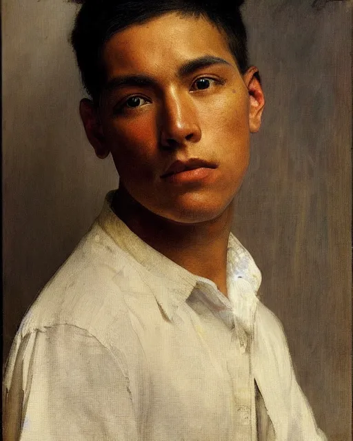 Prompt: young handsome peruvian man, portrait painting by richard schmid, edgar maxence, kehinde wiley, thomas moran, maxfield parrish, studio ghibli, loish, alphonse mucha, fashion photography