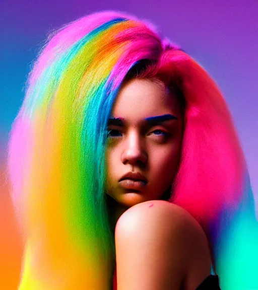 Prompt: dramatic lighting portrait of a beautiful! young woman with very light skin and rainbow colored cotton candy hair. moody and melancholy. dark background with powerful rim light. enhanced eye details with reflection, looking up. digital art by beeple