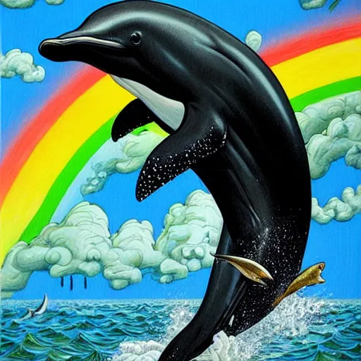 Prompt: a hyper realistic painting of the grim reaper riding a dolphin that is jumping over a rainbow, by joe fenton,