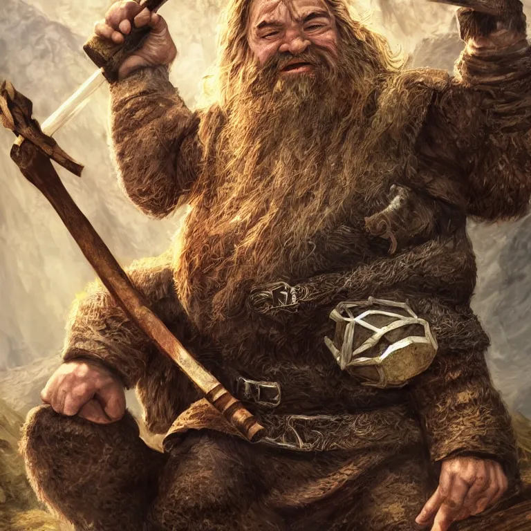 Image similar to dwarf with hammer in mountains, lord of the rings style, fantasy, poster, character portrait, portrait, close up, concept art, intricate details, highly detailed, full body, 8 k, detailed face, body