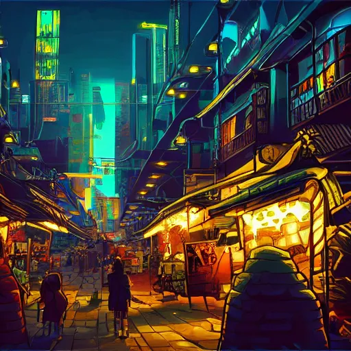 Image similar to fantastic lighting, pixel art, high detail, cyberpunk market, 2 d