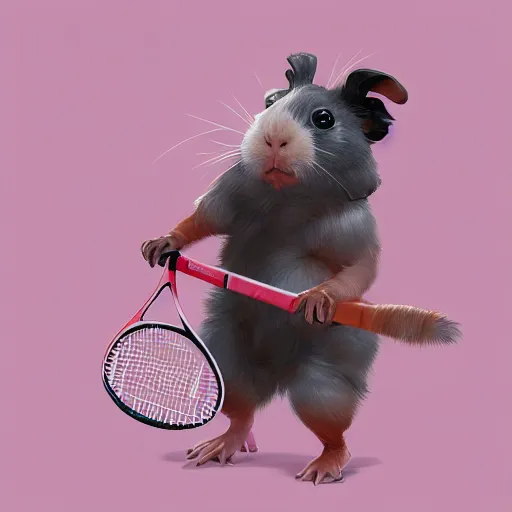 Image similar to a cute guinea pig plays tennis. detailed digital art by greg rutkowski, keith parkinson, marc simonetti, artgerm, artstation, deviantart, 8k, hd