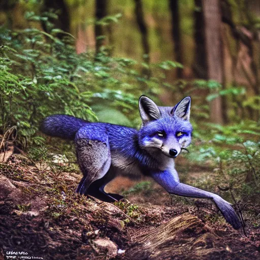 Image similar to A blue Fox in a lush forest, 8k, hyper realistic, high detail nature photography, beautiful lighting