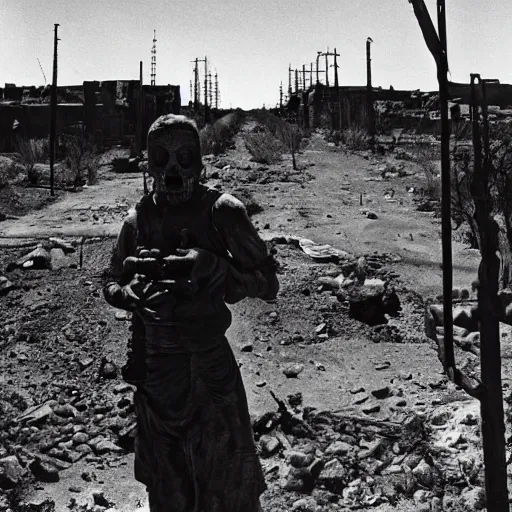 Image similar to portrait of irradiated post apocalyptic nuclear wasteland undead 1950s black and white award winning photo highly detailed Arriflex 35 II, lighting by stanley kubrick