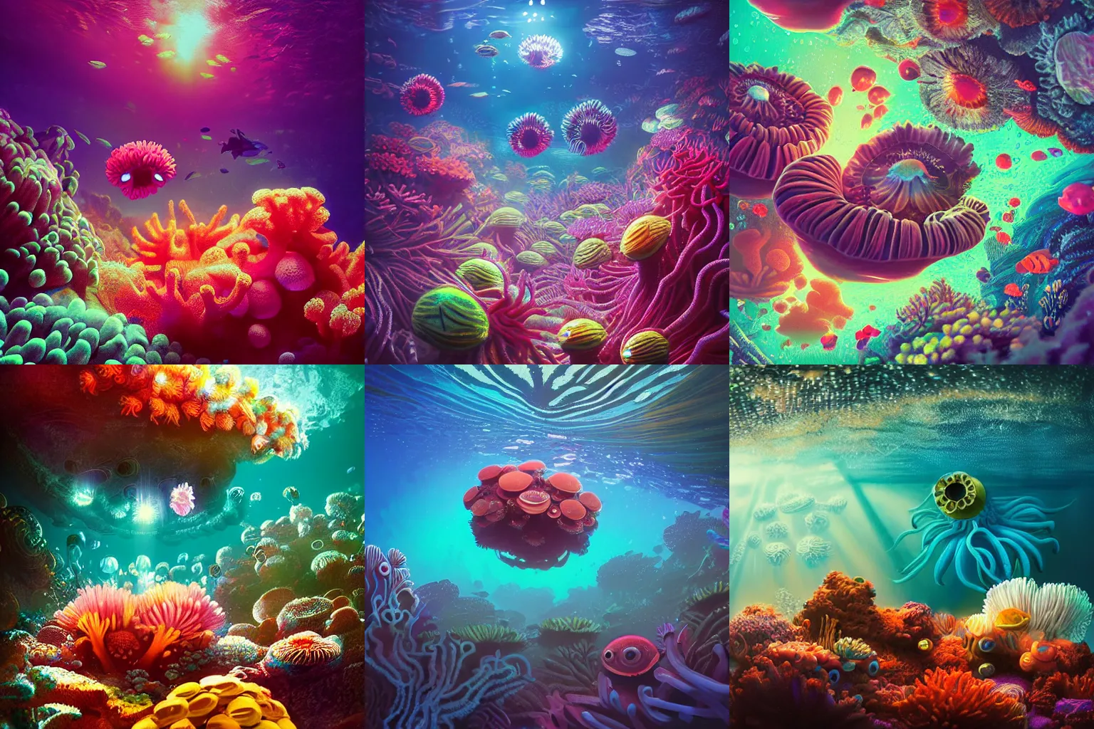 Image similar to intricate alien anemones and coral reef with happy faces, underwater photography, soft focus, soft lighting, by Pixar, by Alena Aenami