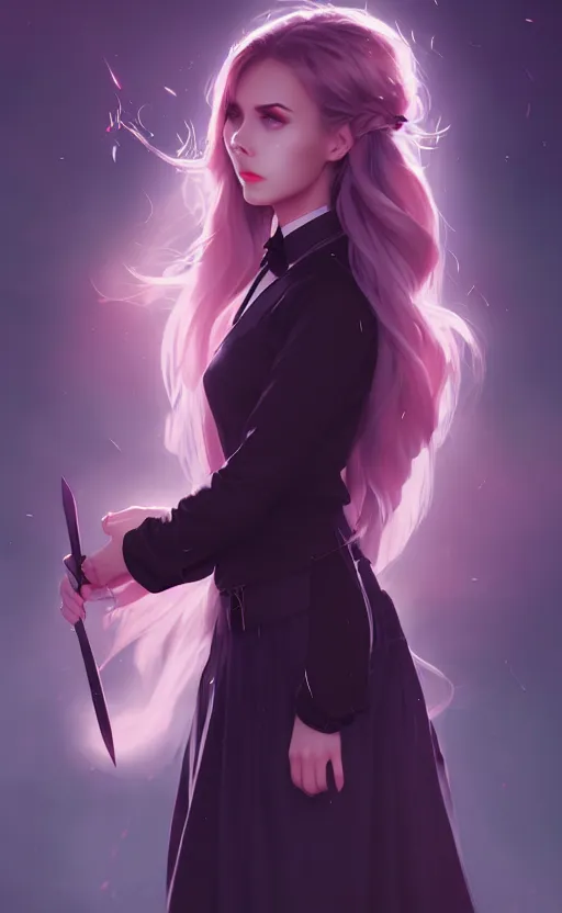 Prompt: portrait of a beautiful woman, dark magic school student uniform, flowy hair, cinematic lighting, highly detailed, digital painting, trending on artstation, pixiv, concept art, sharp focus, illustration, art by ross tran and wlop