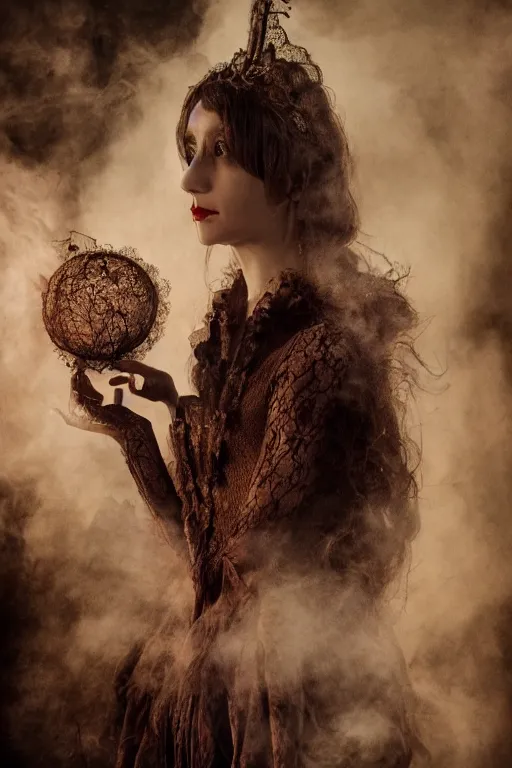 Image similar to 3 5 mm colour, italian looking emma, evil princess, victorian house, long brown hair, hyperrealism, octane render, weird, odd, strange, creepy, freakshow, extremely detailed, subtle intricate smoke magic, lace, silk, style of david cronenberg, hyung tae, frank frazetta