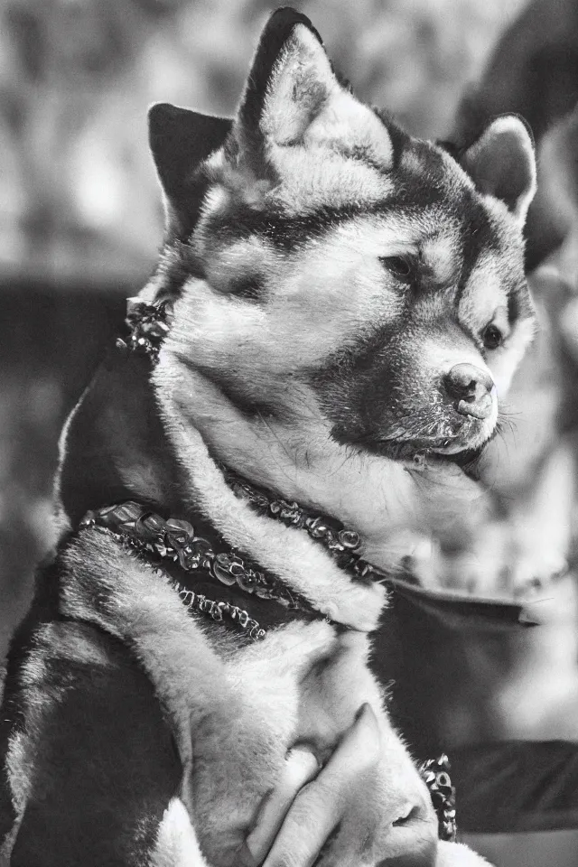 Image similar to a portrait of a shiba inu on stage with carlos santana, hyperrealistic, realistic, highly detailed, b & w, 4 k