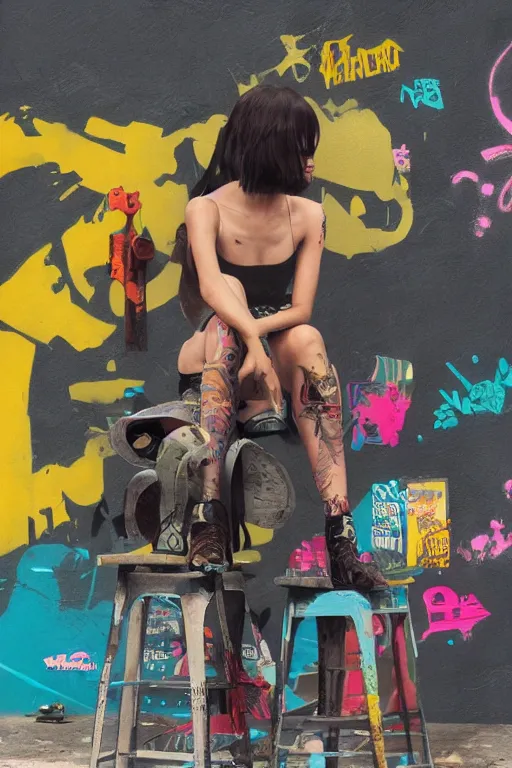 Image similar to punk girl sitting on extreme graffiti tag mural maximalism by atey ghailan, by greg rutkowski, by joe fenton, yellow, brown, black and cyan color scheme, octane render