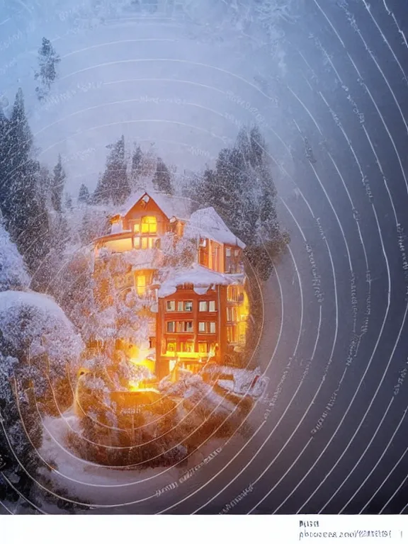 Image similar to snow globe with tiny soviet residential building inside snow globe, lights are on in the windows, cozy atmosphere, fog, cold winter, snowing, streetlamps with orange volumetric light, birches