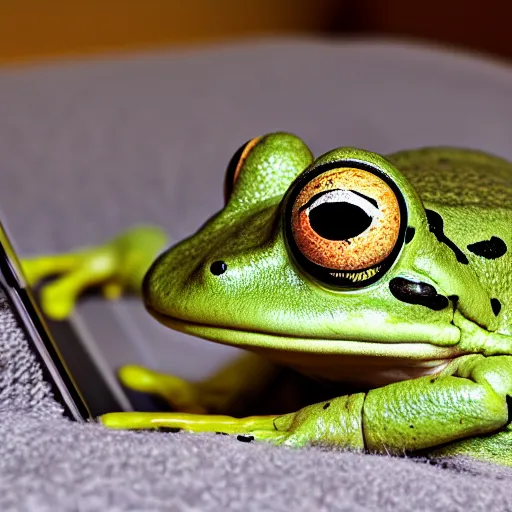 Prompt: peepo the frog, crying!! on bed with laptop, in the style of lo-fi, dramatic,