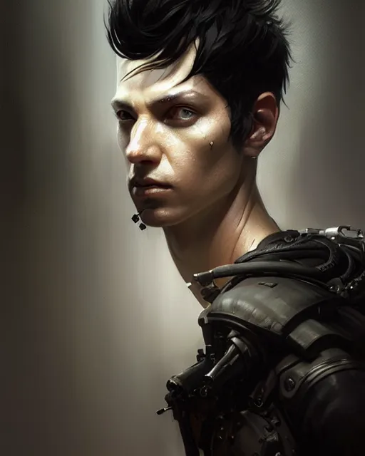 Image similar to professional concept art portrait of a diesel punk man with short black hair in a dark room by artgerm and greg rutkowski ( thin white border ). an intricate, elegant, highly detailed digital painting, concept art, smooth, sharp focus, illustration, in the style of cam sykes, wayne barlowe, igor kieryluk.