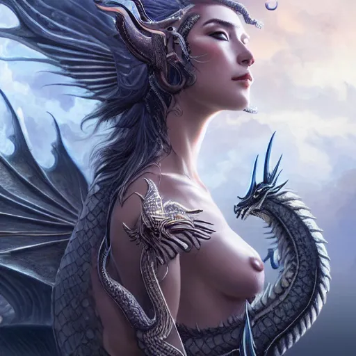 Image similar to a stunning dynamic pose full body of a celestial dragon goddess, intricate, perfect face, 8k highly professionally detailed, hdr, CGSociety, dark fantasy, smooth, elegant, sharp focus, art by artgerm and greg rutkowski,