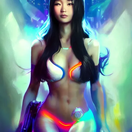 Prompt: asian gorgeous nora _ kyzy in neon future aether gear, hyperrealistic full figure, otherwordly dimension, art of elysium by frank frazetta and by jeremy mann and by alphonse mucha, fantasy art, photo realistic, dynamic lighting, artstation, full figure poster, volumetric lighting, very detailed face, 4 k, award winning