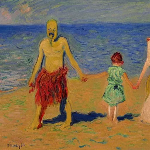 Image similar to a mummy and a werewold holding hands on ipanema beach by monet
