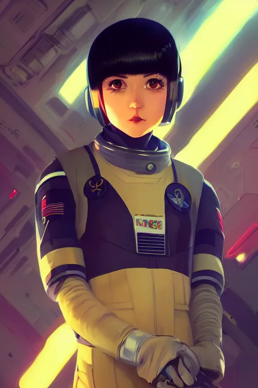 Prompt: a portrait of a cute young female space fighter pilot with black bob cut hair, sci-fi setting, vivid colors, soft lighting, atmospheric, cinematic, moody, in the style of Ilya Kuvshinov and Range Murata, Krenz Cushart, oil on canvas, 8k