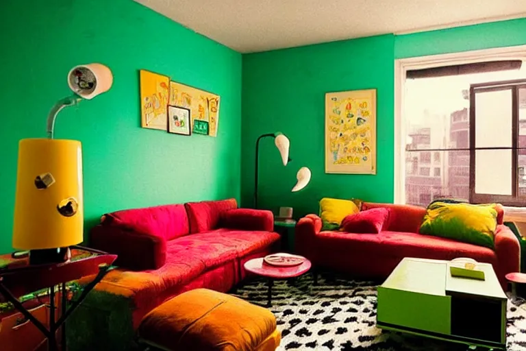 Image similar to apartment inspo groovy lava lamp theme, frog themed, in 2 0 5 5, y 2 k cybercore, bright - light photography, bathed in the glow of a crt monitor, still from a wes anderson movie