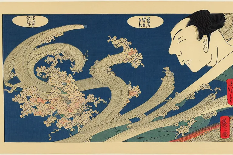 Image similar to a beautiful and hyperdetailed ukiyo - e drawing of a composition with irises by katsushika hokusai, in style by utagawa kuniyoshi and utagawa hiroshige, japanese print art, intricate, elegant, complex, illustration, clean 4 k